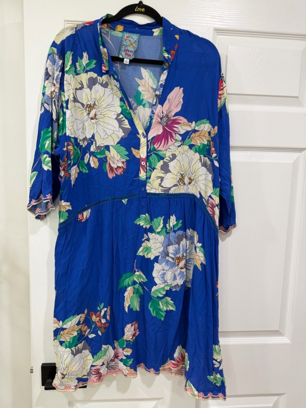 Johnny Was Cobalt Blue Floral Midi Dress with Cream & Pink Blooms Size XL